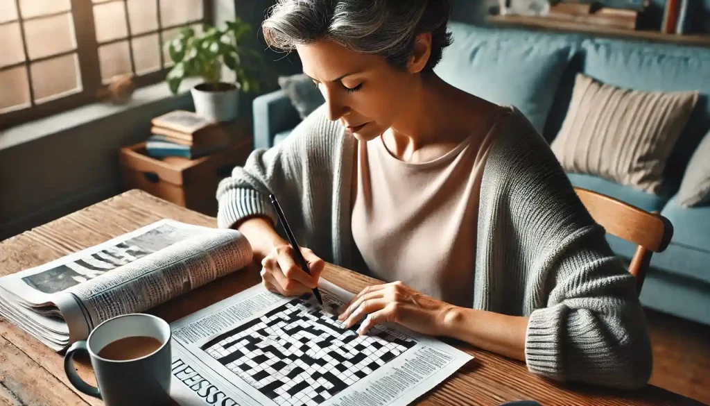 A middle-aged woman is sitting at a desk, solving a crossword puzzle to improve her memory and attention.