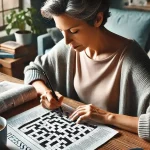 A middle-aged woman is sitting at a desk, solving a crossword puzzle to improve her memory and attention.
