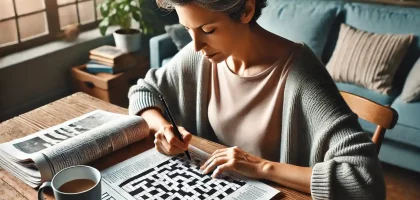 A middle-aged woman is sitting at a desk, solving a crossword puzzle to improve her memory and attention.