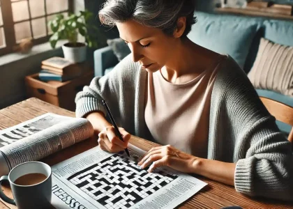 A middle-aged woman is sitting at a desk, solving a crossword puzzle to improve her memory and attention.