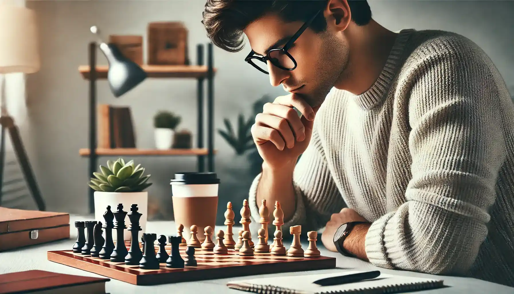 A young man is playing chess to sharpen his strategic thinking and memory, with a clean, modern workspace in the background.