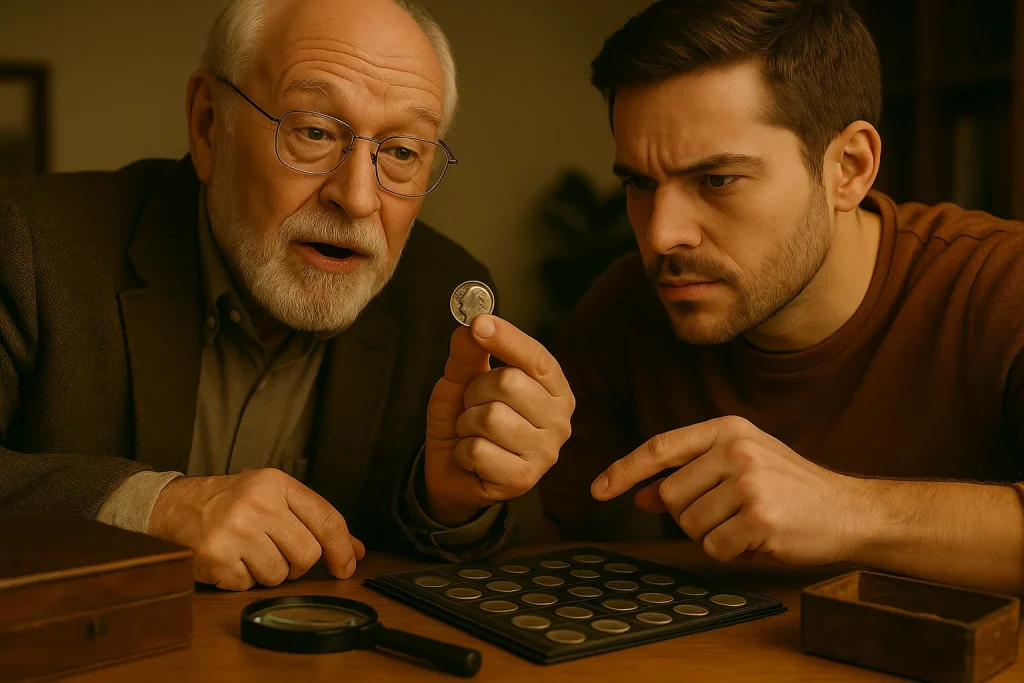 An elderly man shares insights with a younger collector as they closely inspect a 1947 dime together, surrounded by a coin album and collecting tools