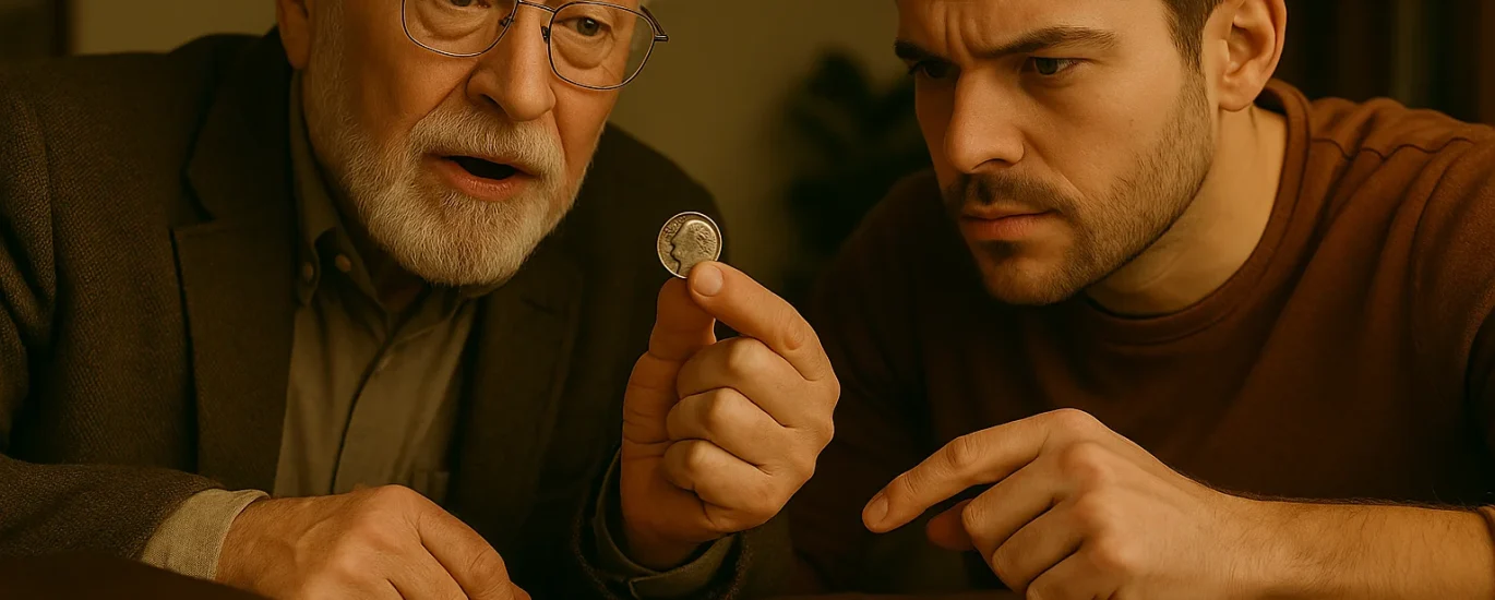 An elderly man shares insights with a younger collector as they closely inspect a 1947 dime together, surrounded by a coin album and collecting tools