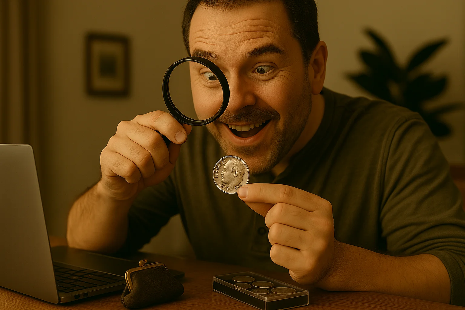 A middle-aged man reacts with joy while examining a 1947 dime under a magnifying glass, with his laptop and coin box on the table.