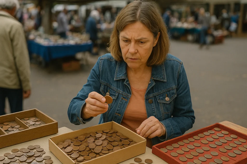 A woman is guessing the cost of pennies at a coin show.