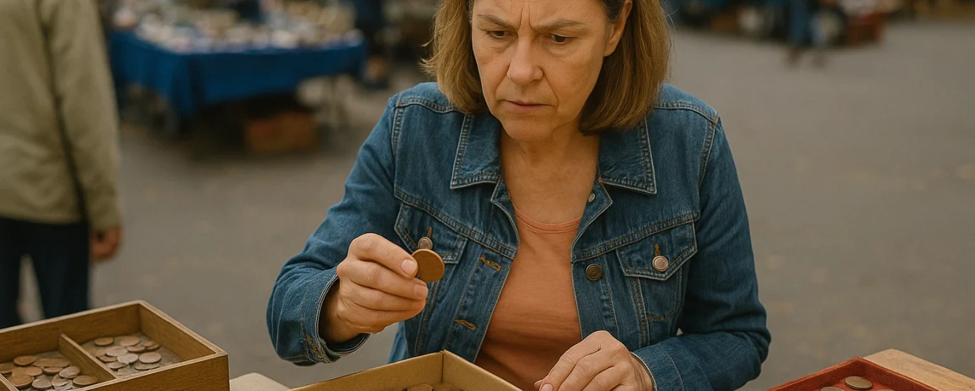 A woman is guessing the cost of pennies at a coin show.