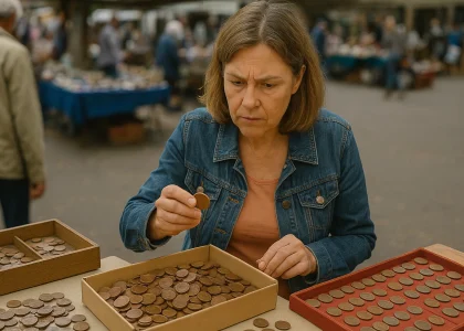 A woman is guessing the cost of pennies at a coin show.