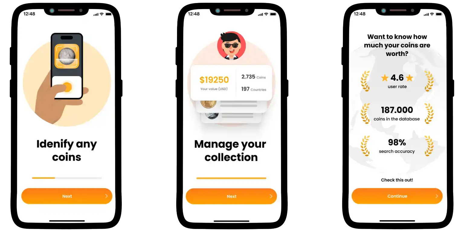 Coin ID Scanner promo screens.