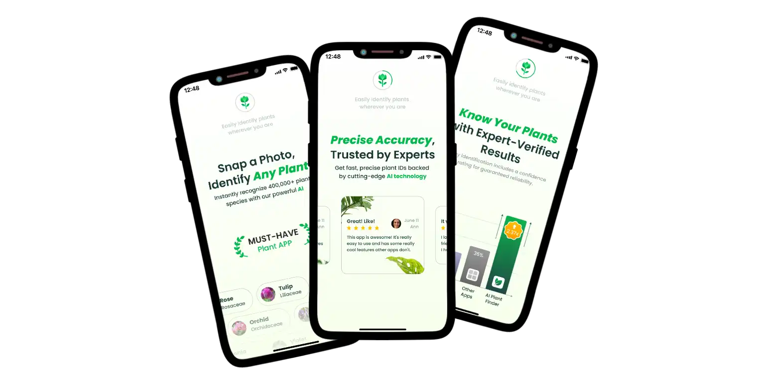 AI Plant Finder promo screens.
