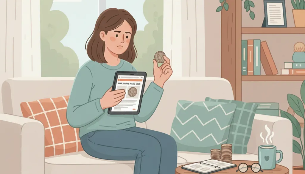 woman reads the article and checks her coin